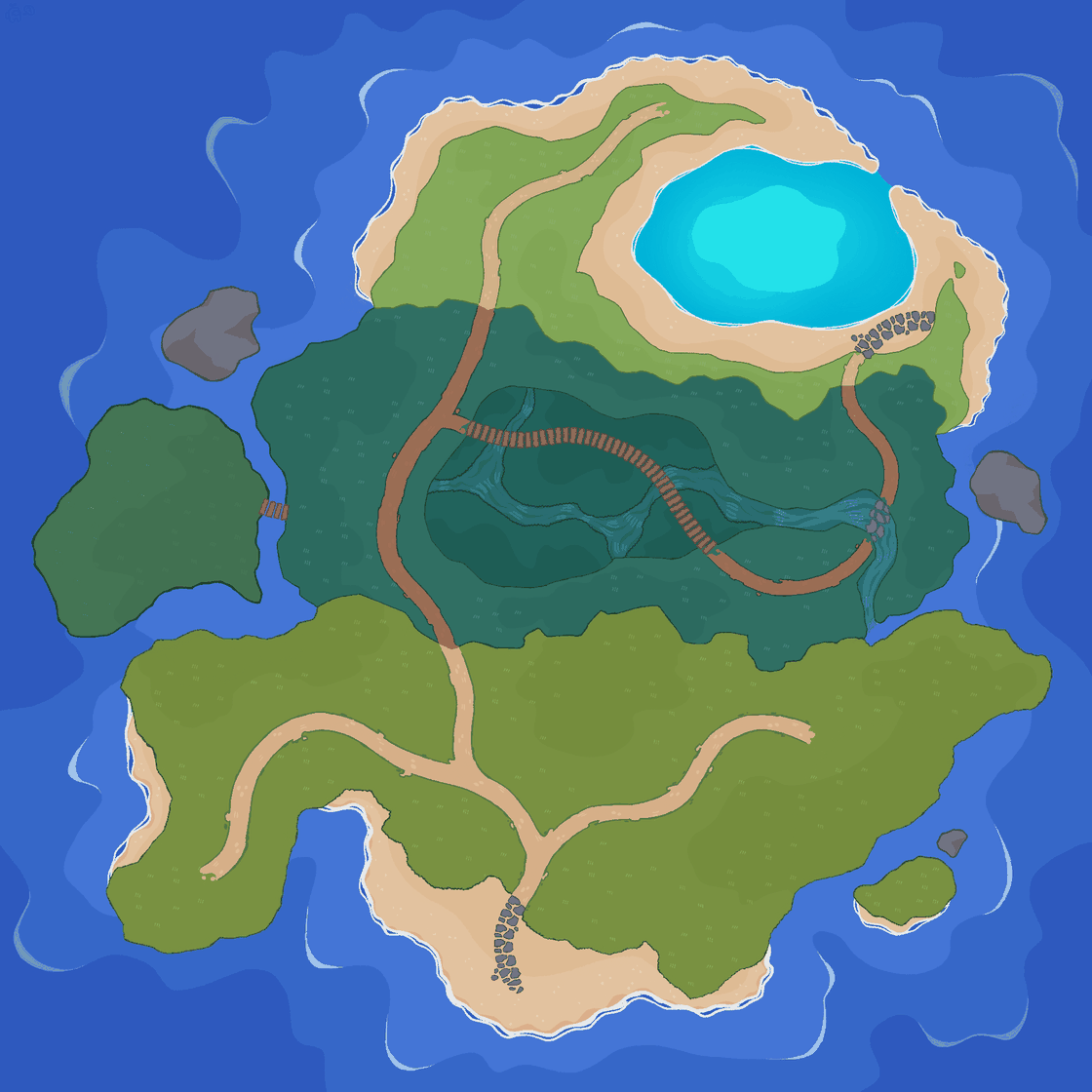 Mapa de la isla donde transcurre Fishy!: playas, bosque, un lago y los caminos que los unen